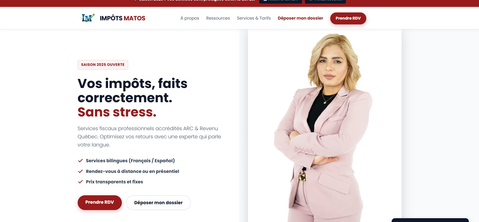Captura de Impôts Matos, web de servicios fiscales en Montreal con enfoque bilingüe