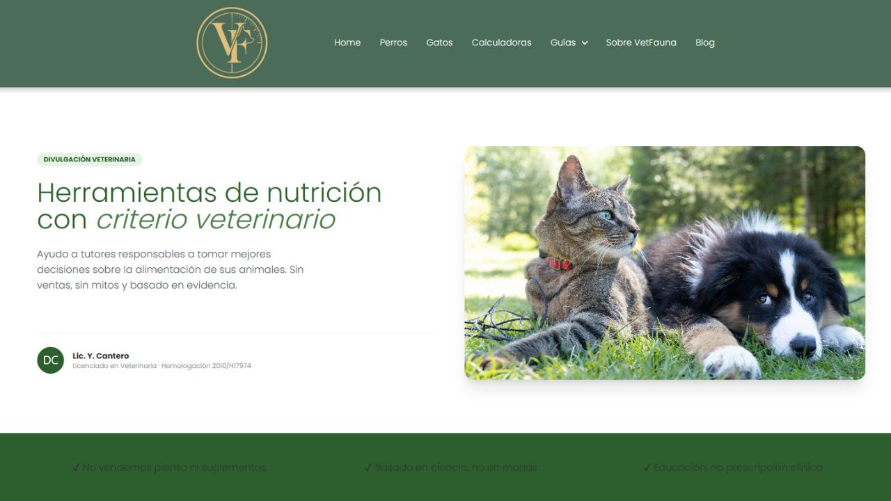 Captura de VetFauna, proyecto veterinario con herramientas de nutrición para perros y gatos